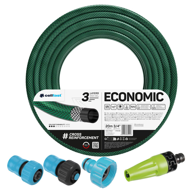 Cellfast Economic 3/4" 20 m vrtna crijeva + ravna glava za prskanje + 3/4" spojka s unutarnjim navojem + 3/4" ravna i zaustavna brzospojna spojka