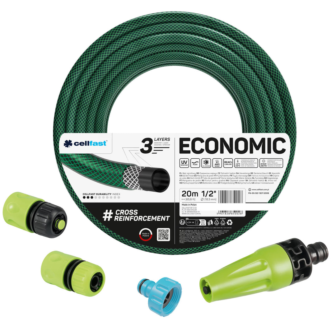 Cellfast Economic 1/2" 20 m vrtna crijeva + ravna glava za prskanje + 3/4" spojka s unutarnjim navojem + 1/2" ravna i zaustavna brza spojka