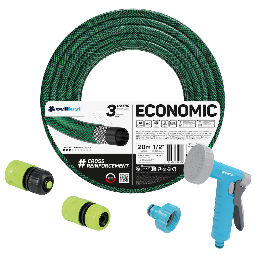 Cellfast Economic 1/2" 20 m vrtna crijeva + prskalica tipa pištolj + spojka s unutarnjim navojem 3/4" + ravne i blokirajuće brze spojke 1/2"