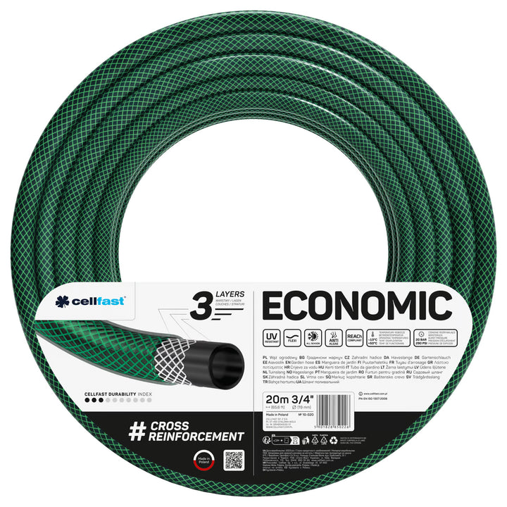 Cellfast Economic 3/4" 20 m vrtna crijeva + prskalica s ručkom u obliku pištolja + 3/4" ženski navojni spoj + 3/4" ravni i T-spojevi za brzo spajanje