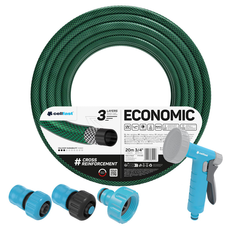 Cellfast Economic 3/4" 20 m vrtna crijeva + prskalica s ručkom u obliku pištolja + 3/4" ženski navojni spoj + 3/4" ravni i T-spojevi za brzo spajanje