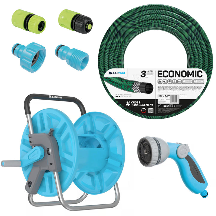 Ekonomični 1/2" 50 m vrtni crijevo + stalak, 3/4" spojka s unutarnjim navojem, 1/2" vanjski navojni priključak, 1/2" ravni i s zaustavom brzi spojni spojnik + Cellfast Mix Ideal 8-funkcijska prskalica