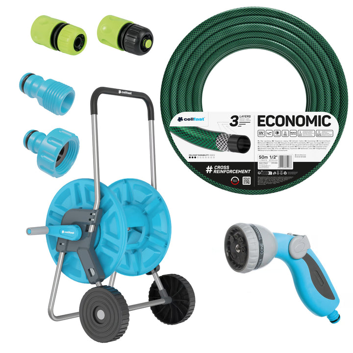 Ekonomska vrtna crijeva 1/2" 50 m + kolica, 3/4" spojka s unutarnjim navojem, 1/2" vanjski navojni spoj, 1/2" ravni i zaustavni brzi spojevi + Cellfast Mix Ideal 8-funkcijska prskalica