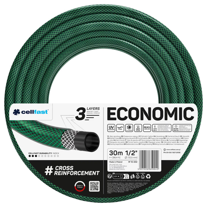 Cellfast Economic 1/2" 30 m vrtna crijeva + Cellfast Aluplus stalak za crijeva + spojka s unutarnjim navojem 3/4" + 1/2" ravni brzi spojni spojnik + 1/2" spojni spojnik s graničnikom + Cellfast Economic ravni prskalica