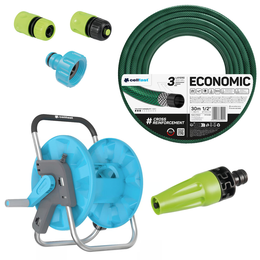Cellfast Economic 1/2" 30 m vrtna crijeva + Cellfast Aluplus stalak za crijeva + spojka s unutarnjim navojem 3/4" + 1/2" ravni brzi spojni spojnik + 1/2" spojni spojnik s graničnikom + Cellfast Economic ravni prskalica