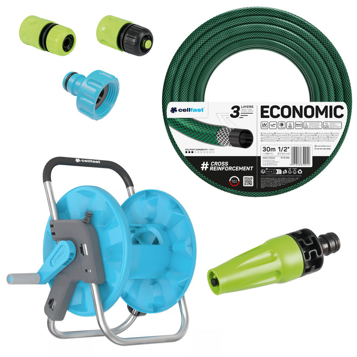 Cellfast Economic 1/2" 30 m vrtna crijeva + Cellfast Aluplus stalak za crijeva + spojka s unutarnjim navojem 3/4" + 1/2" ravni brzi spojni spojnik + 1/2" spojni spojnik s graničnikom + Cellfast Economic ravni prskalica
