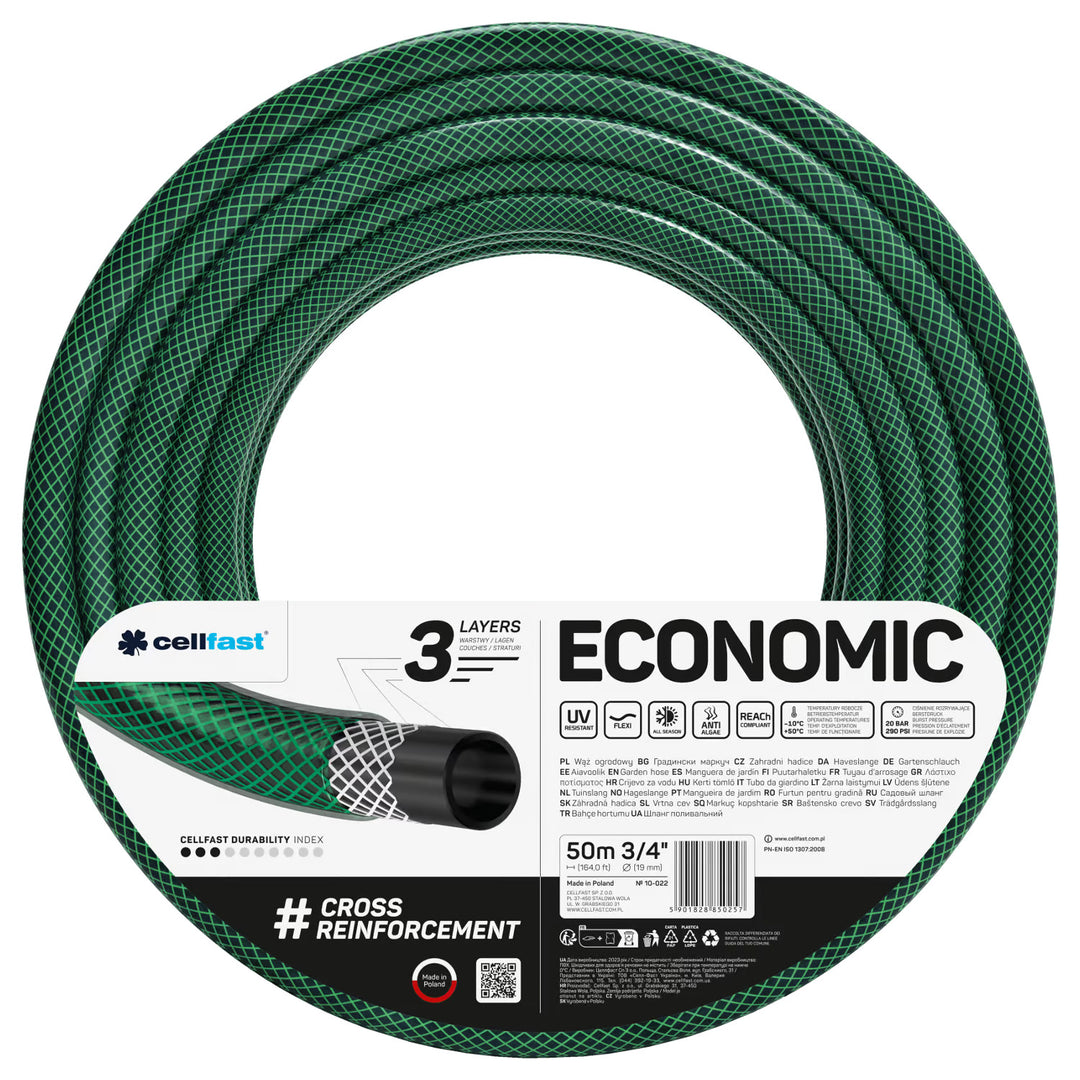 Cellfast Economic vrtna crijeva 3/4" 50 m + mesingani brzi spoj i 3/4" ravni priključak + 3/4" ženski navojni priključak + rotirajući prskalica + prskalica tipa pištolj