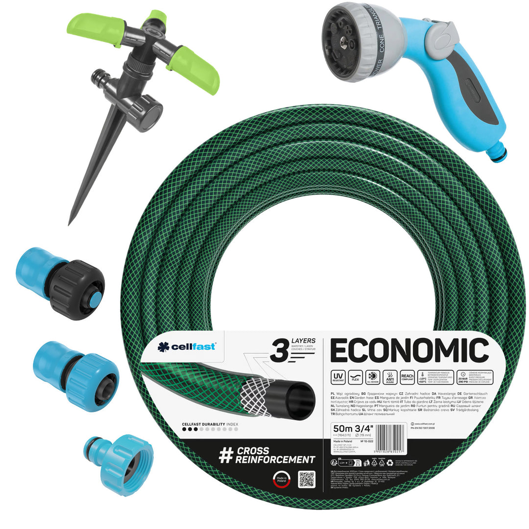 Cellfast Economic vrtna crijeva 3/4" 50 m + mesingani brzi spoj i 3/4" ravni priključak + 3/4" ženski navojni priključak + rotirajući prskalica + prskalica tipa pištolj