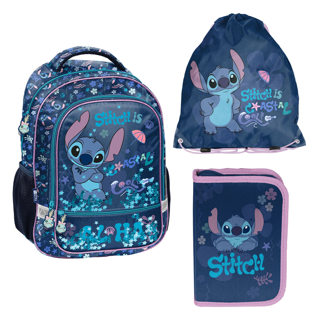 Stitch Paso školski set, ruksak s dva pretinca, reflektirajući detalji i ojačana leđa, olovkaš (prazan) s petljama za olovke, vrećica za cipele koja se može nositi na leđima, DS26XX