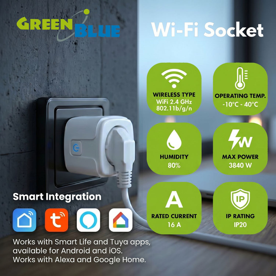 GreenBlue daljinski upravljana WiFi utičnica, Android/iOS/Alexa/Google Home, tajmer, mjerač snage, max. 16 A/3840 W, GB735 W, 2 komada