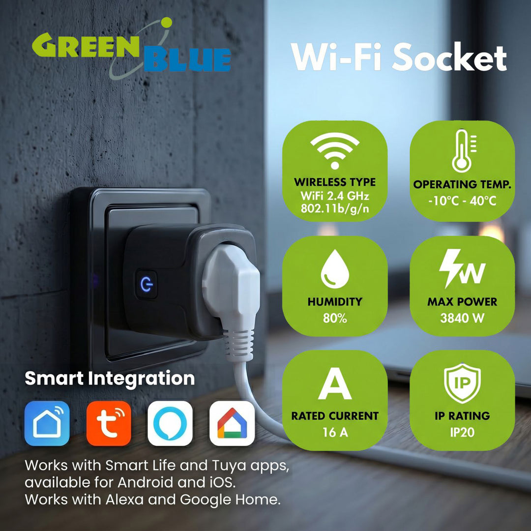 GreenBlue daljinski upravljana WiFi utičnica, Android/iOS/Alexa/Google Home, tajmer, mjerač snage, max. 16 A/3840 W, GB735 B, 2 komada