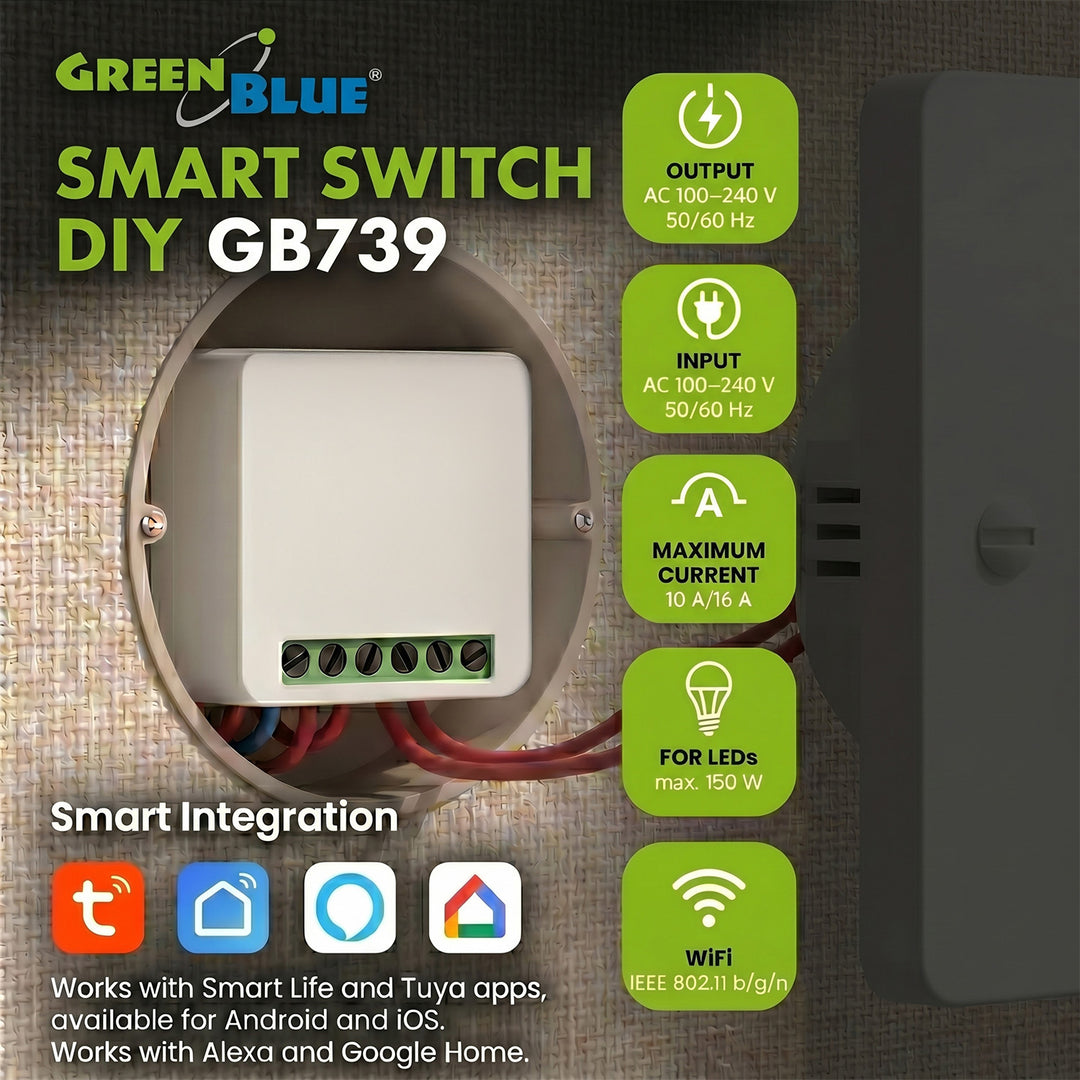 GreenBlue ugradbeni WiFi relej, Android/iOS/Alexa/Google Home, 100–240 V AC, 50/60 Hz, max. 16 A, za LED diode snage 150 W, GB739, 2 komada