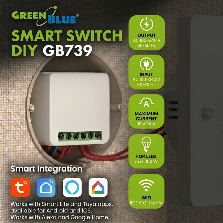 GreenBlue ugradbeni WiFi relej, Android/iOS/Alexa/Google Home, 100–240 V AC, 50/60 Hz, max. 16 A, za LED diode snage 150 W, GB739, 2 komada
