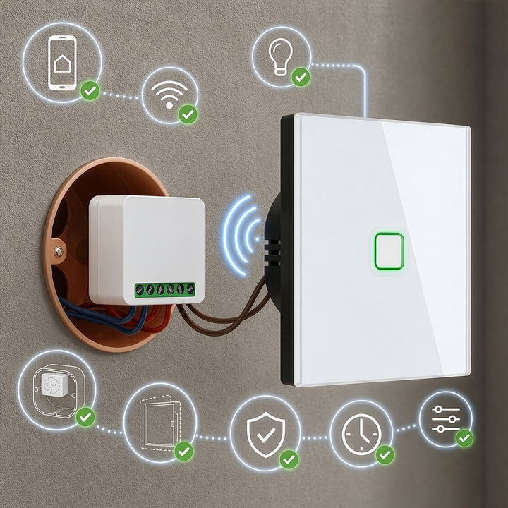GreenBlue ugradbeni WiFi relej, Android/iOS/Alexa/Google Home, 100–240 V AC, 50/60 Hz, max. 16 A, za LED diode snage 150 W, GB739, 4 komada