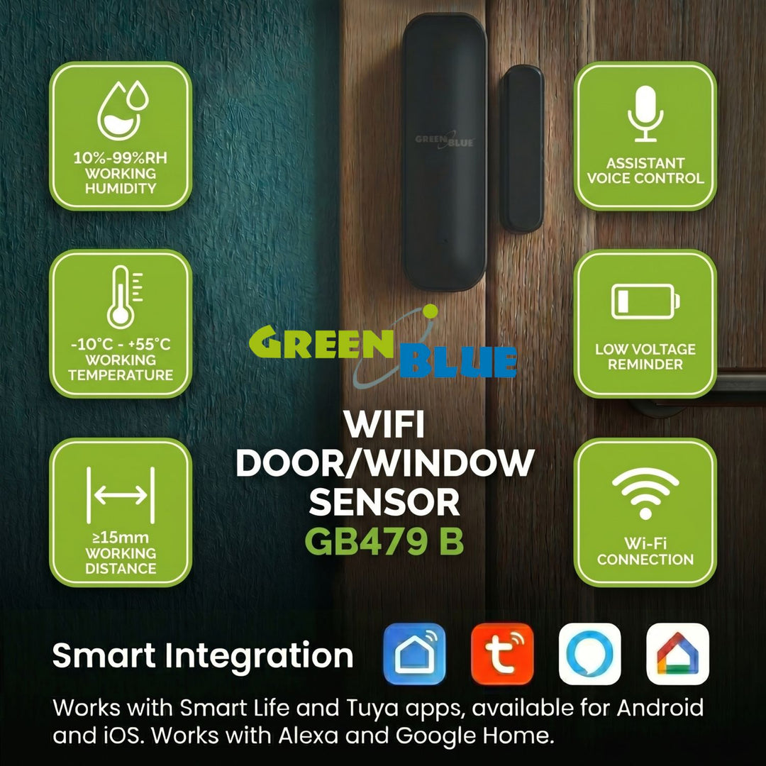 GreenBlue bežični senzor sa žilicom / WiFi senzor za vrata i prozore, Android/iOS, 3,0 V DC, LR03x2, GB479 B, 2 seta