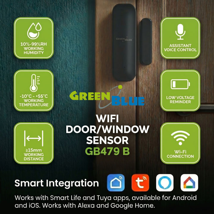 GreenBlue bežični senzor sa žilicom / WiFi senzor za vrata i prozore, Android/iOS, 3,0 V DC, LR03x2, GB479 B, 2 seta