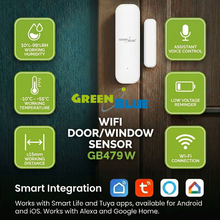 GreenBlue bežični senzor sa žičanom jezgrom / WiFi senzor za vrata i prozore, Android/iOS, 3,0 V DC, LR03x2, GB479 W, 2 seta