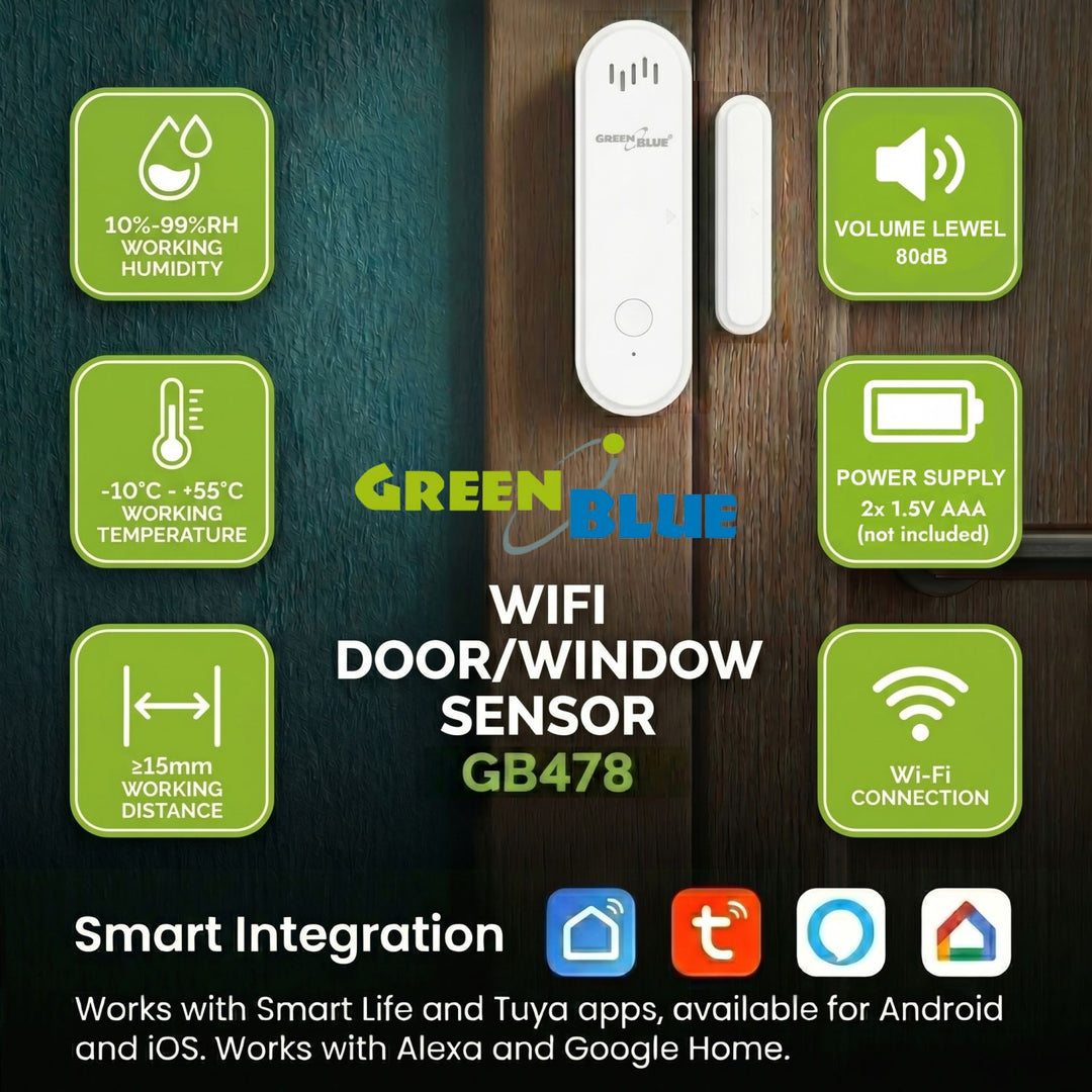 GreenBlue bežični senzor sa žičanom jezgrom / WiFi senzor za vrata i prozore, Android/iOS, 3,0 V DC, LR03x2, s alarmom, GB478, 2 seta