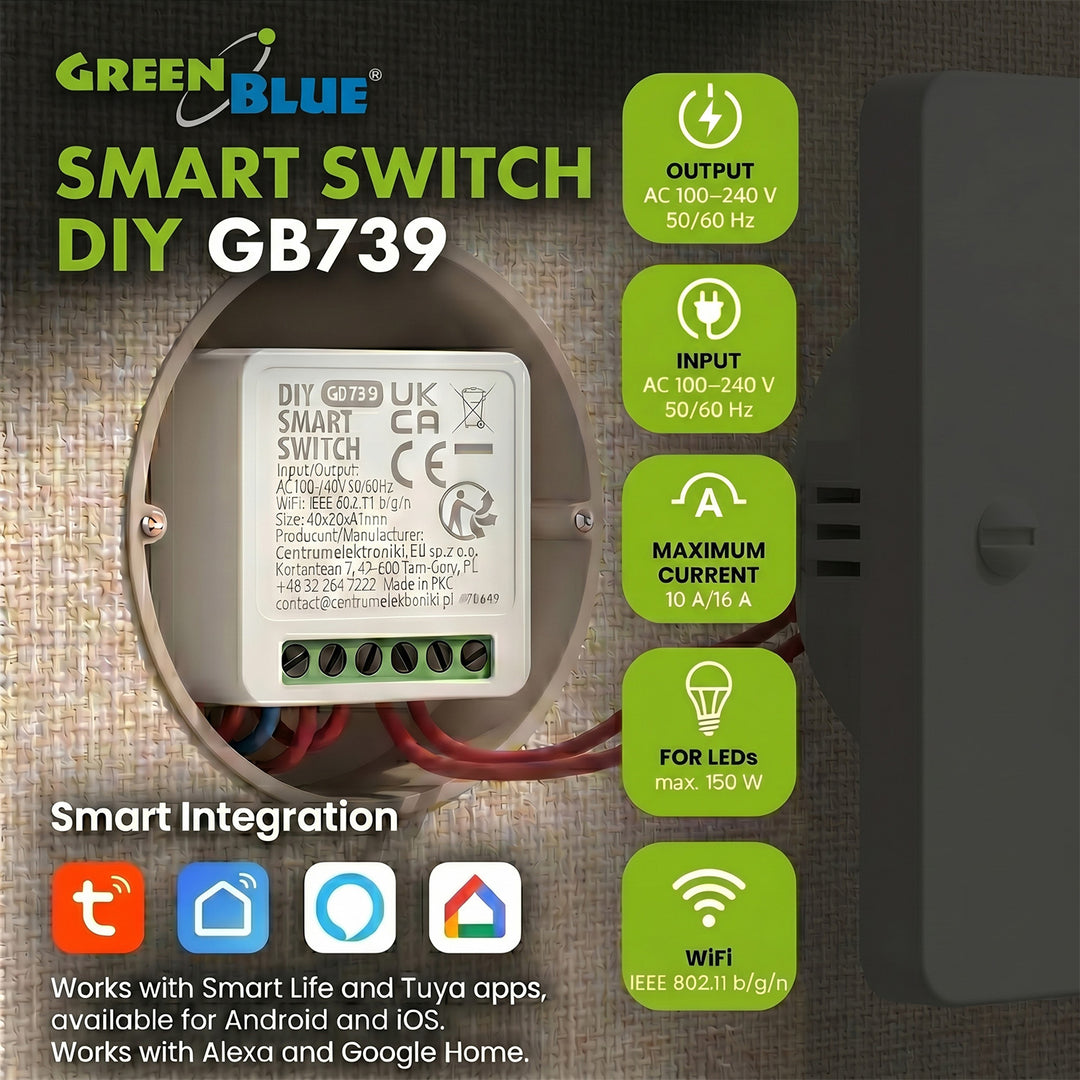 GreenBlue ugradbeni WiFi relej, Android/iOS/Alexa/Google Home, 100–240 V AC, 50/60 Hz, max. 16 A, za LED diode snage 150 W, GB739, 3 komada