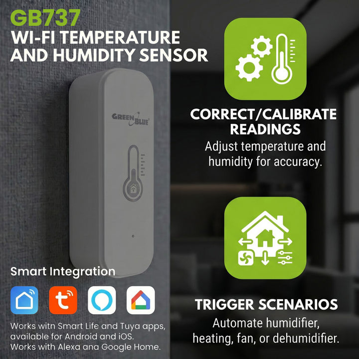 GreenBlue WiFi senzor temperature i vlažnosti, Android/iOS/Alexa/Google Home, 3,0 V DC, LR03x2, GB737 + 2x R-03 LR03 AAA alkalne baterije tvrtke Varta Industrial 4003