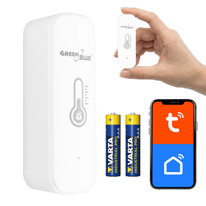 GreenBlue WiFi senzor temperature i vlažnosti, Android/iOS/Alexa/Google Home, 3,0 V DC, LR03x2, GB737 + 2x R-03 LR03 AAA alkalne baterije tvrtke Varta Industrial 4003