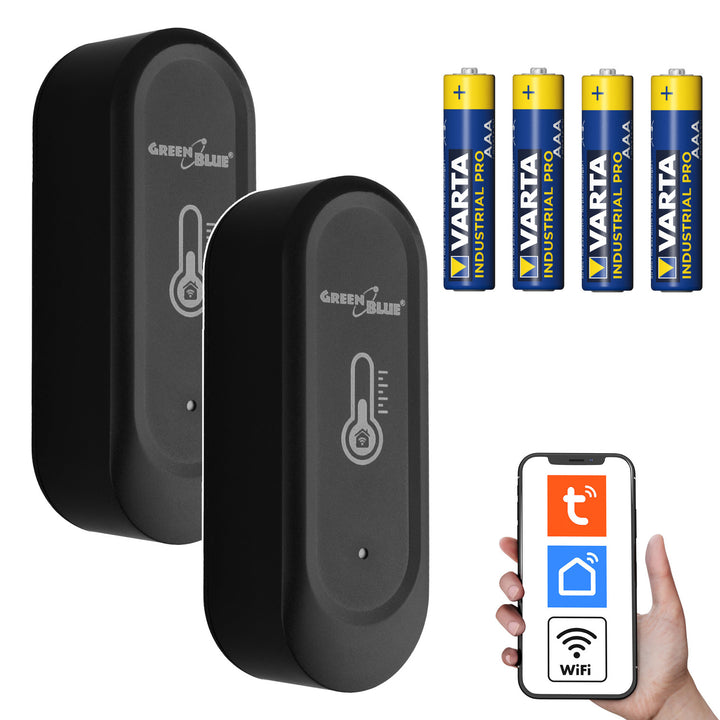 GreenBlue Outdoor WiFi senzor temperature i vlažnosti, Android/iOS, 3,0 V DC, LR03x2, IP65, GB741 – 2 komada + 4x Varta Industrial 4003 AAA alkalne baterije