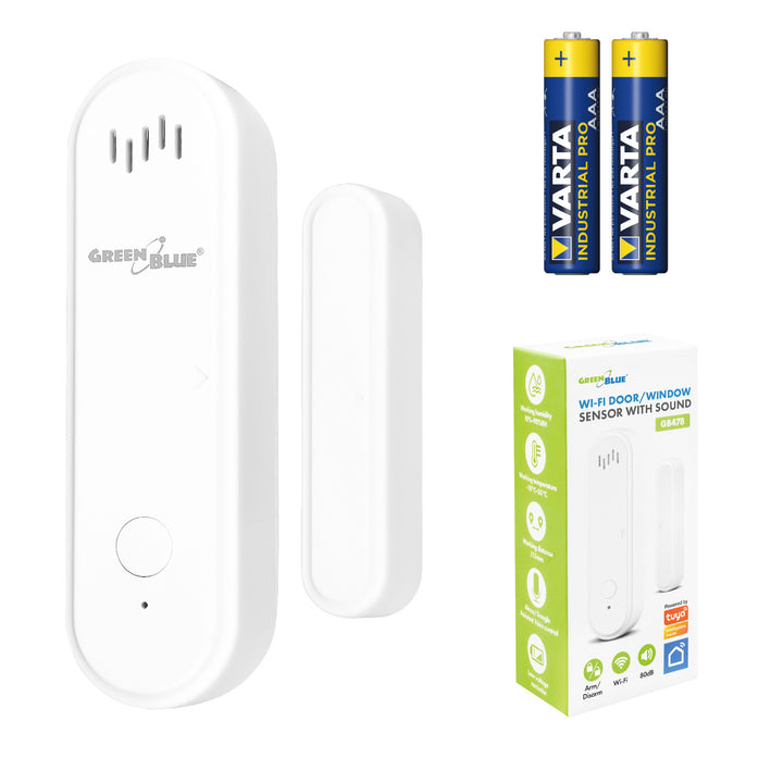 GreenBlue bežični senzor na magnetni prekidač / WiFi senzor za vrata i prozore, Android/iOS, 3,0 V DC, LR03x2, s alarmom, GB478 + 2x R-03 LR03 AAA alkalne baterije (Varta Industrial 4003)