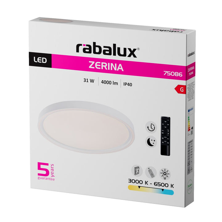 Stropna svjetiljka Rabalux Zerina, 31 W, IP40, bijela, 3000–6500 K, funkcija pamćenja, s daljinskim upravljačem, tajmer, noćni svjetlosni efekt, 75086