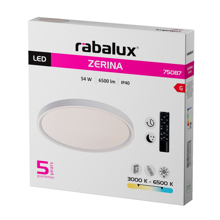 Stropna svjetiljka Rabalux Zerina, 54 W, IP40, bijela, 3000–6500 K, funkcija pamćenja, s daljinskim upravljačem, tajmer, noćni svjetlosni efekt, 75087