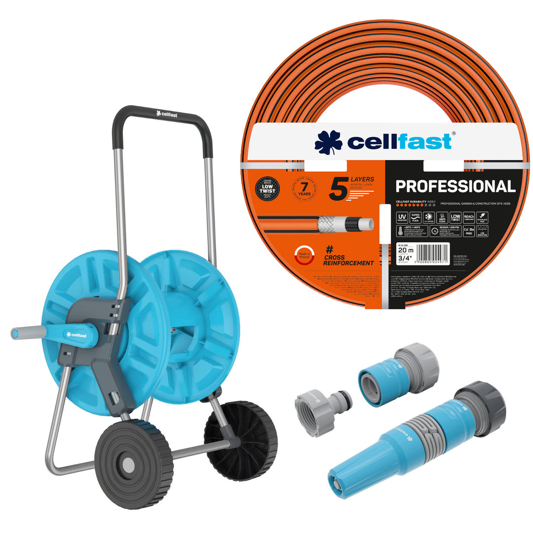 Cellfast vrtna crijeva, PROFESSIONAL 3/4" 20 m + Cellfast Aluplus kolica za crijeva 1/2" 60 m + Set s IDEAL 3/4" ravnim prskalicom