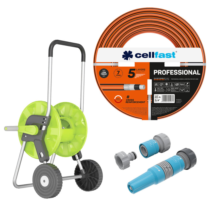 Cellfast vrtna crijeva, PROFESSIONAL 3/4" 20 m + Cellfast Economic kolica za crijeva 1/2" 45 m + Set s IDEAL 3/4" ravnim prskalicom