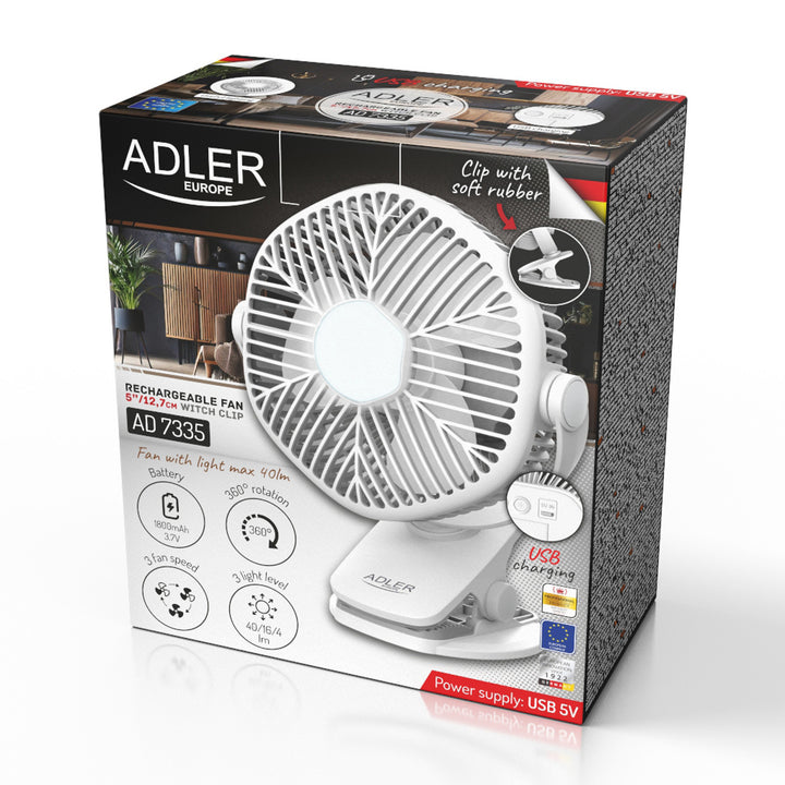 5"/12,7 cm ventilator na baterije s kopčom – USB / LED, AD 7335, Adler