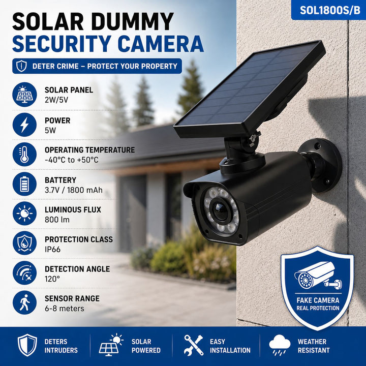 Solarno napajana lažna kamera, trepćući LED, senzor pokreta, LED osvjetljenje, uključene naljepnice, SOL1800S/B, 2 komada
