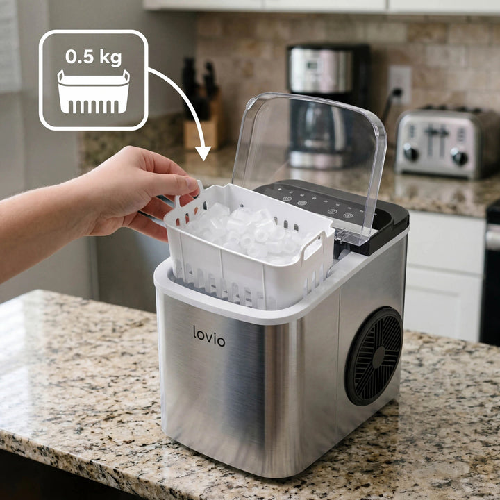 Lovio Crystal Ice Plus kućni aparat za ledene kocke, nehrđajući čelik, srebrna, trenutačno led