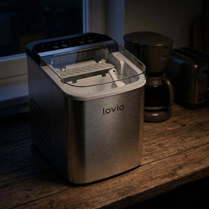 Lovio Crystal Ice Plus kućni aparat za ledene kocke, nehrđajući čelik, srebrna, trenutačno led