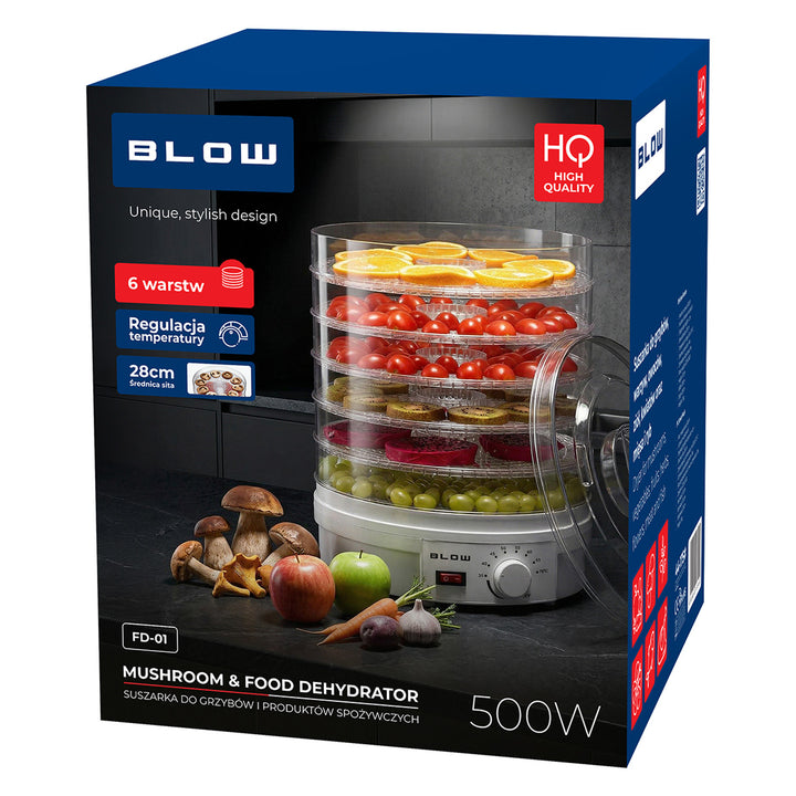 Dehidrator gljiva, povrća i voća Blow, 500 W, uključeno 6 pladnjeva, kontrola temperature 35–75 °C, 44–175