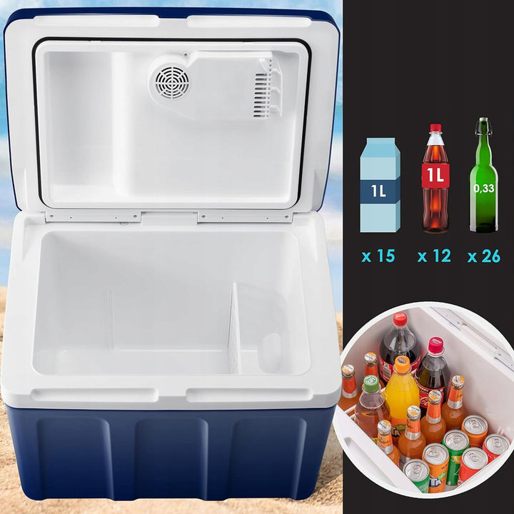 Prijenosni automobilski hladnjak, s kotačima, kapacitet 42 litre, način grijanja, DC 12 V i AC 100–240 V, 44–210