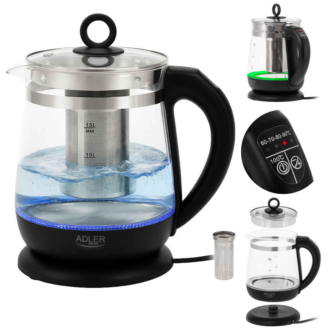 Staklena kuhalo za vodu od 1,5 l s cjedilicom i kontrolom temperature, 2200 W, LED zaslon 60–100 °C, Adler AD 1299, crno