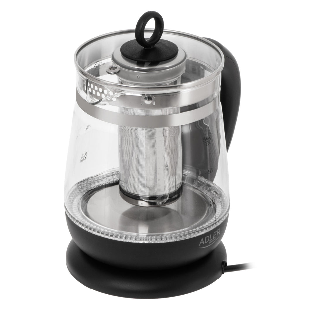 Staklena kuhalo za vodu od 1,5 l s cjedilicom i kontrolom temperature, 2200 W, LED zaslon 60–100 °C, Adler AD 1299, crno