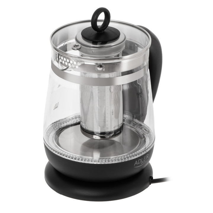 Staklena kuhalo za vodu od 1,5 l s cjedilicom i kontrolom temperature, 2200 W, LED zaslon 60–100 °C, Adler AD 1299, crno