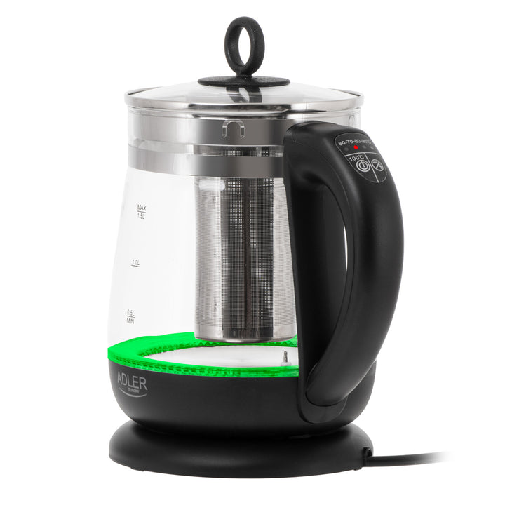Staklena kuhalo za vodu od 1,5 l s cjedilicom i kontrolom temperature, 2200 W, LED zaslon 60–100 °C, Adler AD 1299, crno
