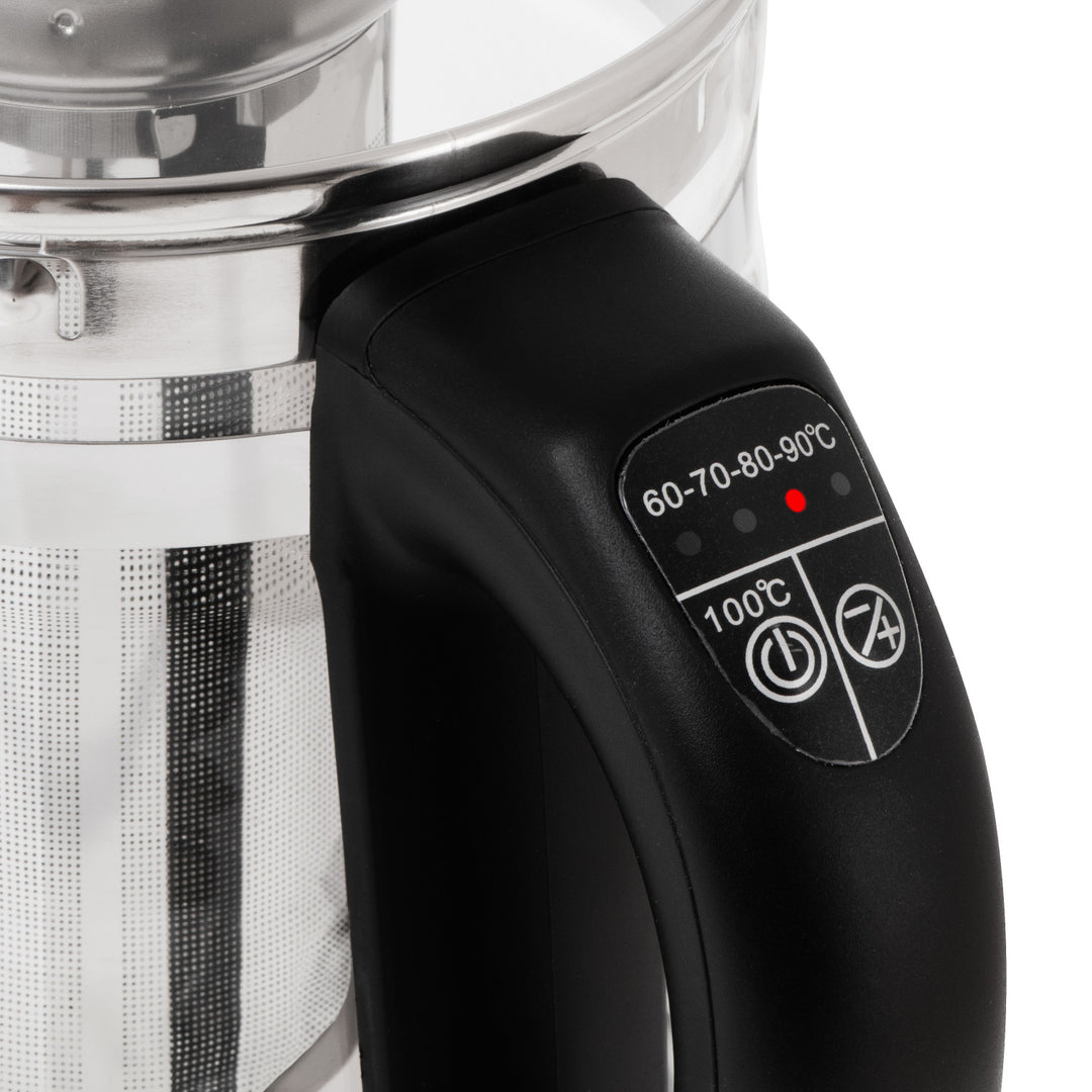 Staklena kuhalo za vodu od 1,5 l s cjedilicom i kontrolom temperature, 2200 W, LED zaslon 60–100 °C, Adler AD 1299, crno