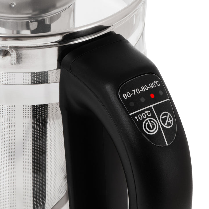 Staklena kuhalo za vodu od 1,5 l s cjedilicom i kontrolom temperature, 2200 W, LED zaslon 60–100 °C, Adler AD 1299, crno