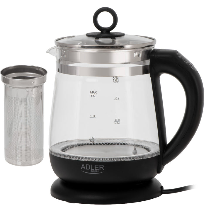 Staklena kuhalo za vodu od 1,5 l s cjedilicom i kontrolom temperature, 2200 W, LED zaslon 60–100 °C, Adler AD 1299, crno