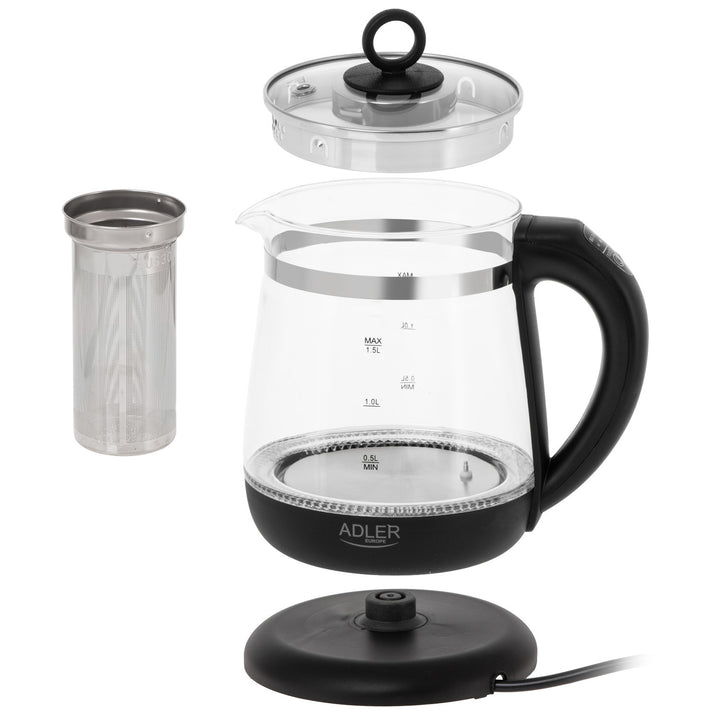 Staklena kuhalo za vodu od 1,5 l s cjedilicom i kontrolom temperature, 2200 W, LED zaslon 60–100 °C, Adler AD 1299, crno