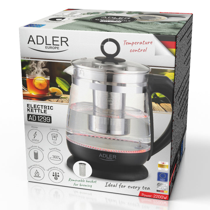 Staklena kuhalo za vodu od 1,5 l s cjedilicom i kontrolom temperature, 2200 W, LED zaslon 60–100 °C, Adler AD 1299, crno