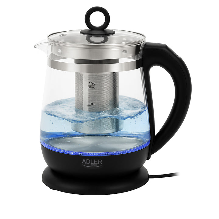 Staklena kuhalo za vodu od 1,5 l s cjedilicom i kontrolom temperature, 2200 W, LED zaslon 60–100 °C, Adler AD 1299, crno