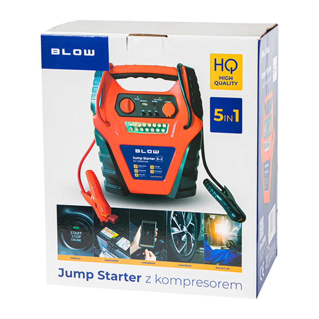 5-u-1 kompresor za paljenje Blow, s kompresorom zraka, punjačem za akumulator i power bankom, akumulator 12 V 20.000 mAh, struja: 400 A struja paljenja, 900 A vršna struja, opremljen osiguračem za preopterećenje, 81-210