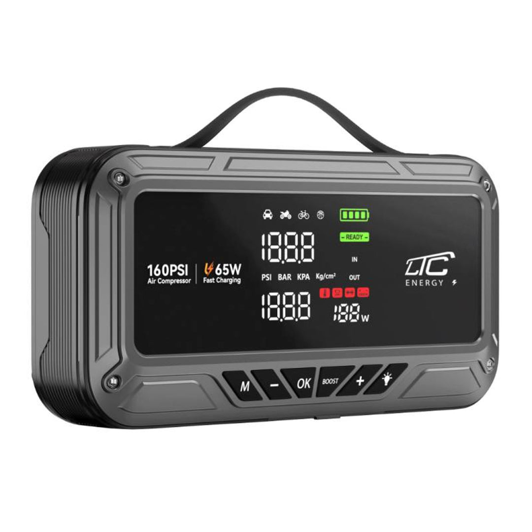LTC Jump Starter, 12.000 mAh, s kompresorom, baterijskom lampom i power bankom, LCD zaslon, izlazna snaga 65 W, kablovi i torbica za nošenje uključeni, LXJS120