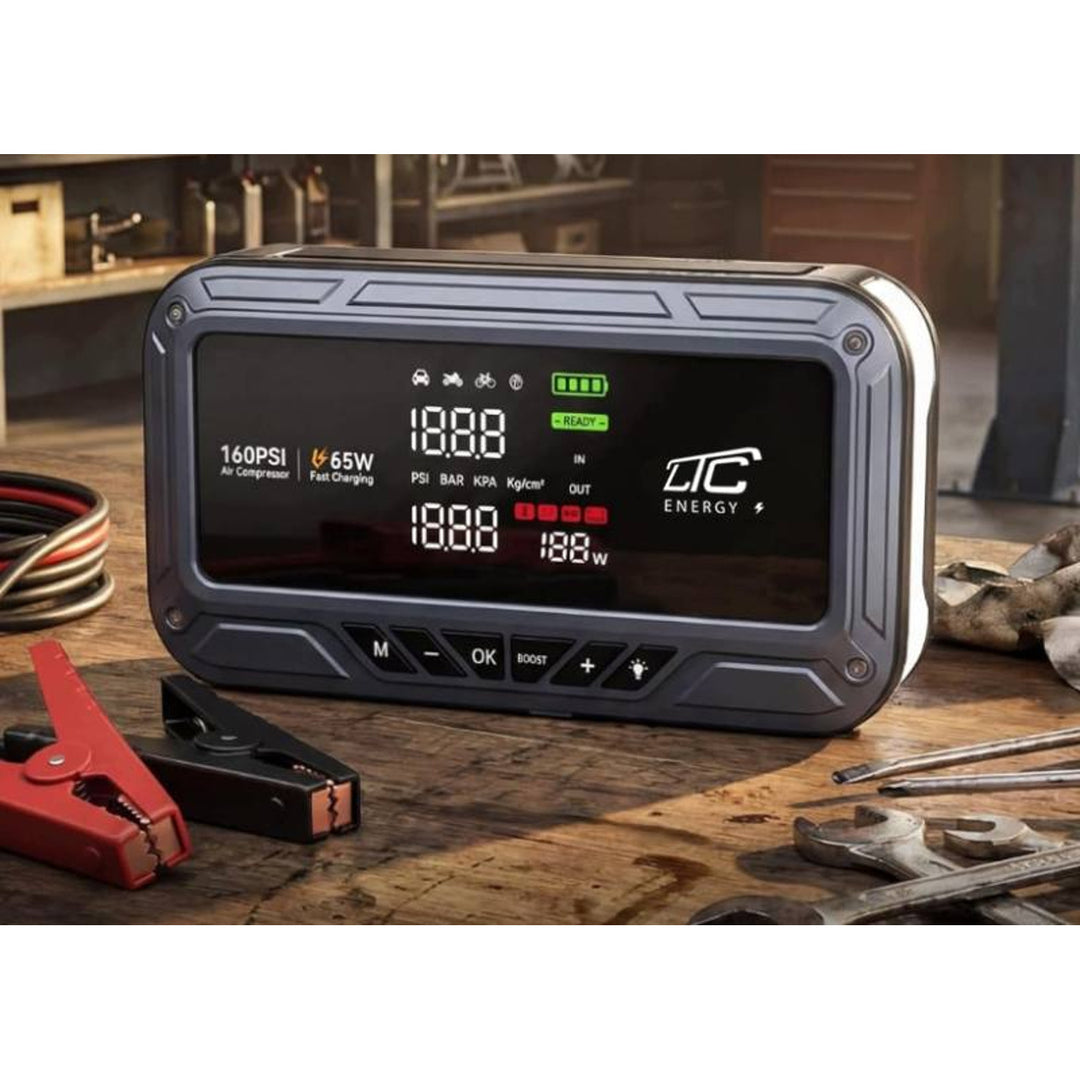 LTC Jump Starter, 12.000 mAh, s kompresorom, baterijskom lampom i power bankom, LCD zaslon, izlazna snaga 65 W, kablovi i torbica za nošenje uključeni, LXJS120
